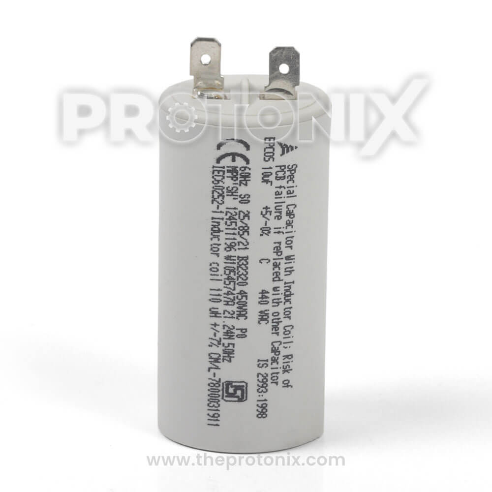 Front view of 10 MFD capacitor for Whirlpool fully automatic washing machine