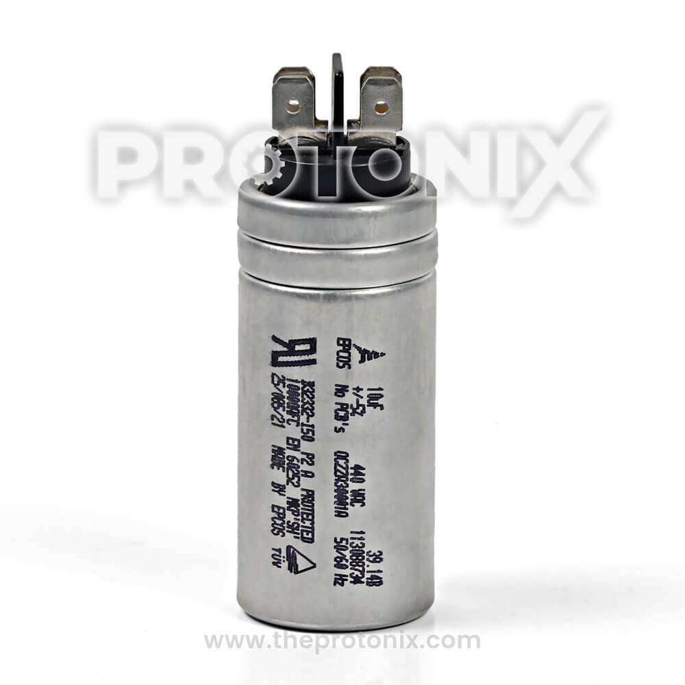 Front view of 10 MFD capacitor with connectors for fully automatic washing machine