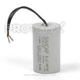 Front view of 5 MFD capacitor for semi-automatic washing machine with wires