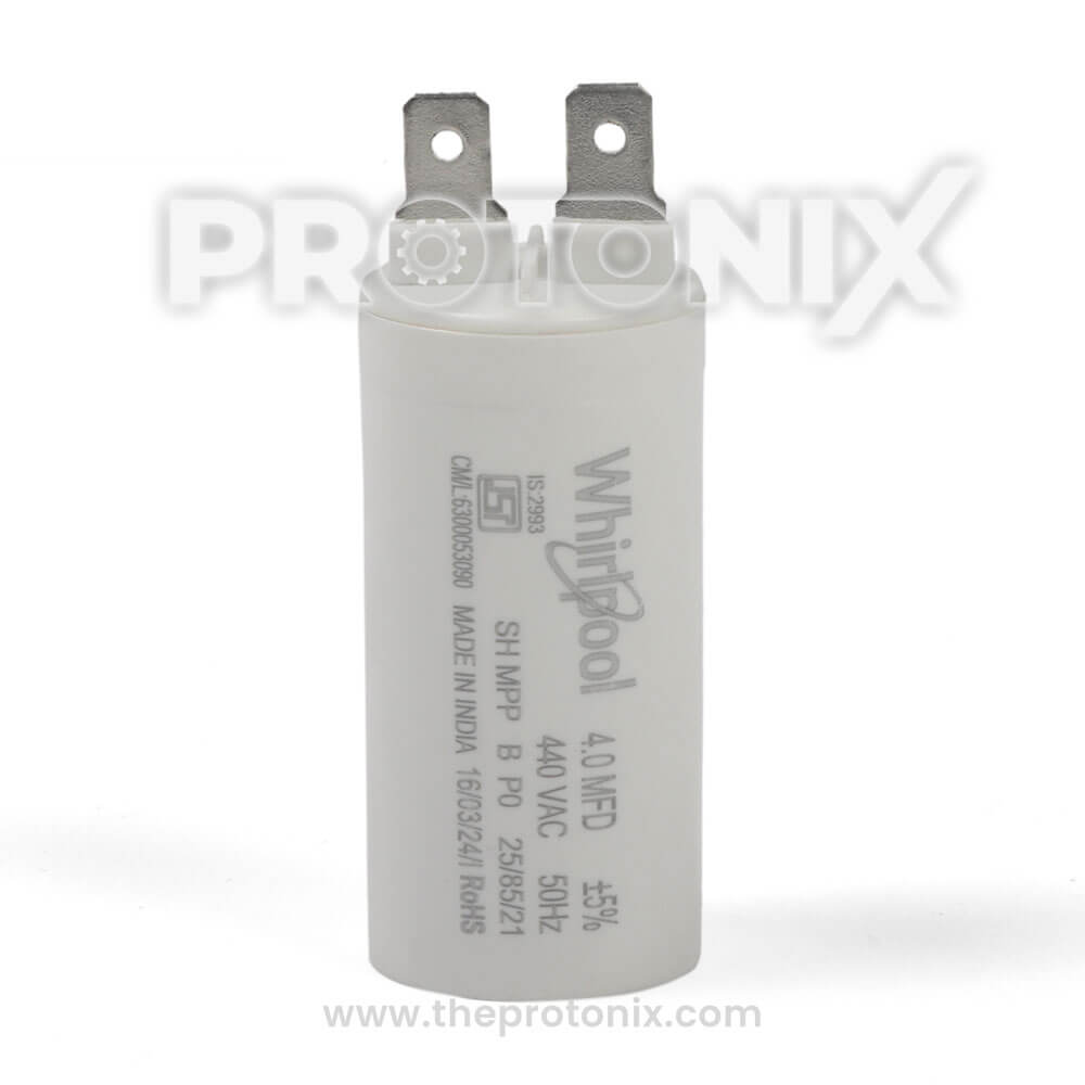 Front view of 4 MFD capacitor with connector for Whirlpool semi-automatic washing machine