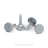 A set of four adjustable legs with a hexagonal base for a front-load washing machine.