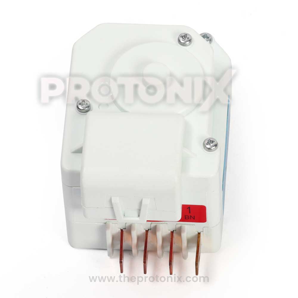 A white 4-pin defrost timer for LG refrigerator