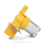 Inlet valve for Whirlpool top-load washing machine, primarily yellow in color, with threaded pipe connection