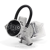 Angled side view of LG front-load washing machine drain pump with hose