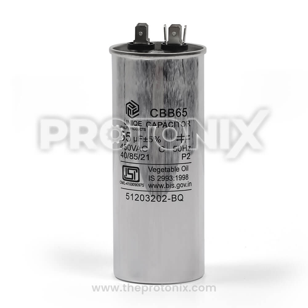 Front view of Capacitor 55uF 450V for air conditioner with wiring terminals