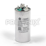 Front view of capacitor 45+2uF for air conditioner with labeled terminal caps