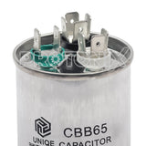 Top view of dual capacitor 45+2uF for air conditioner with connectors