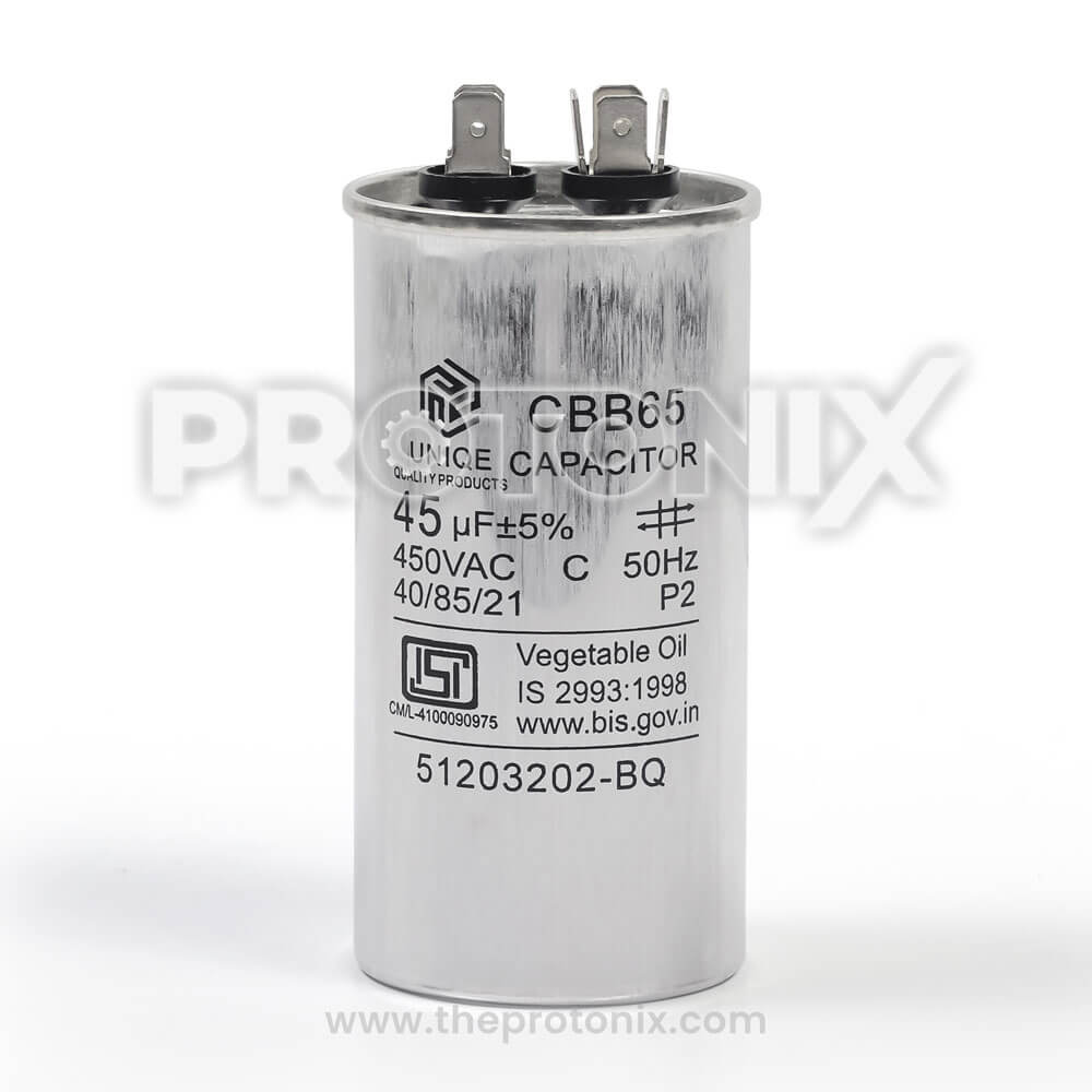 Front view of 45uF 450V capacitor with metal body used in air conditioner