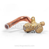 Full view of 5/8-inch L-Type service valve showing angled copper pipe and brass connection fittings for split AC