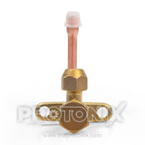 Close-up of 1/4-inch L-Type AC service valve with brass and protective cap on copper pipe