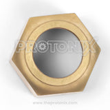 Close-up of 5/8-inch flare brass nut for AC outdoor service valve with golden color