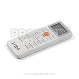 Full view of universal AC remote control (JE-JJ100) with responsive buttons