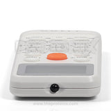 Close-up of universal AC remote control (JE-JJ100) showing signal sensor and buttons