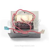 Transformer for microwave oven showing copper coil and metal plate with connectors