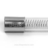 Close-up of glass tube fuse for microwave oven (5KV 0.9A) showing metal cap and inner spring