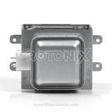 Metallic Samsung microwave oven magnetron showing circular golden core and fixing panel