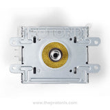 Close-up of magnetron for Samsung microwave oven with silver body and connector pins