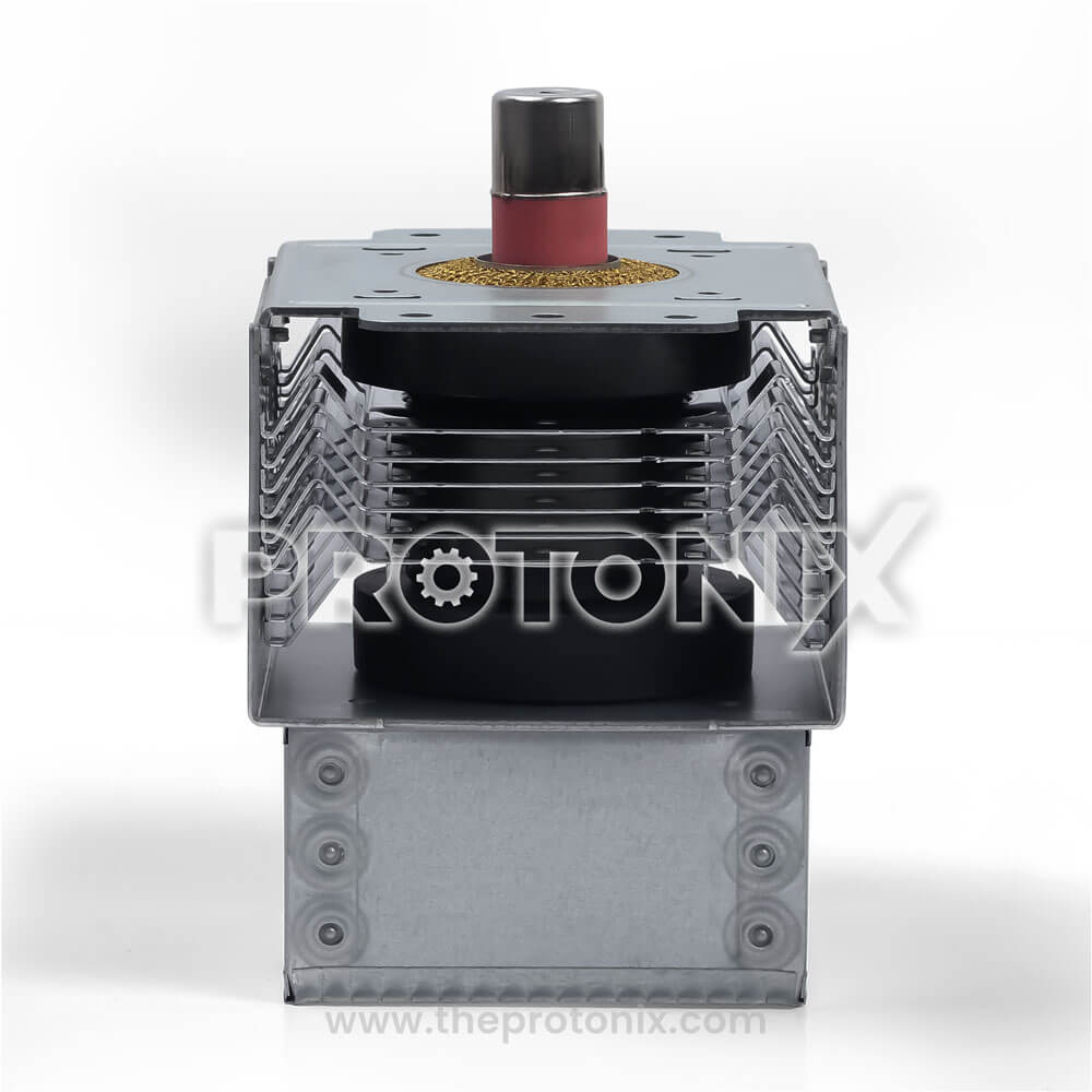 Front view of magnetron for microwave oven showing antenna and mounting base