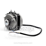 Side view of 10W fan motor for deep freezer showing shaft and housing