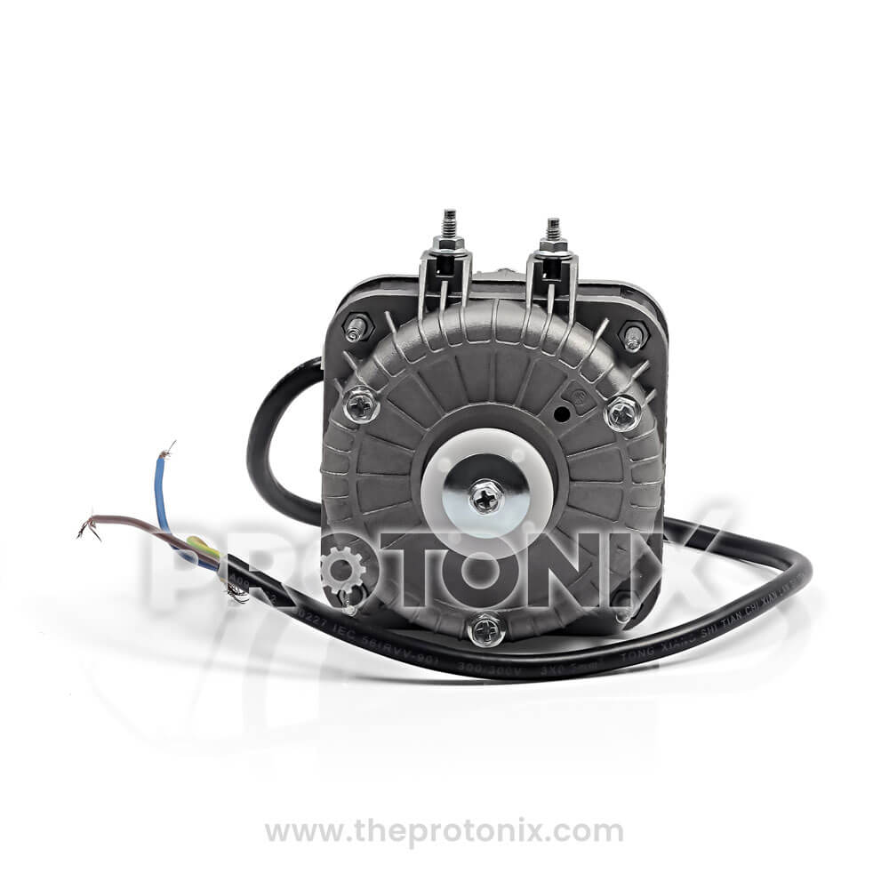 Front view of 10W fan motor for deep freezer with visible shaft and wires