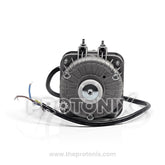 Front view of 10W fan motor for deep freezer with visible shaft and wires