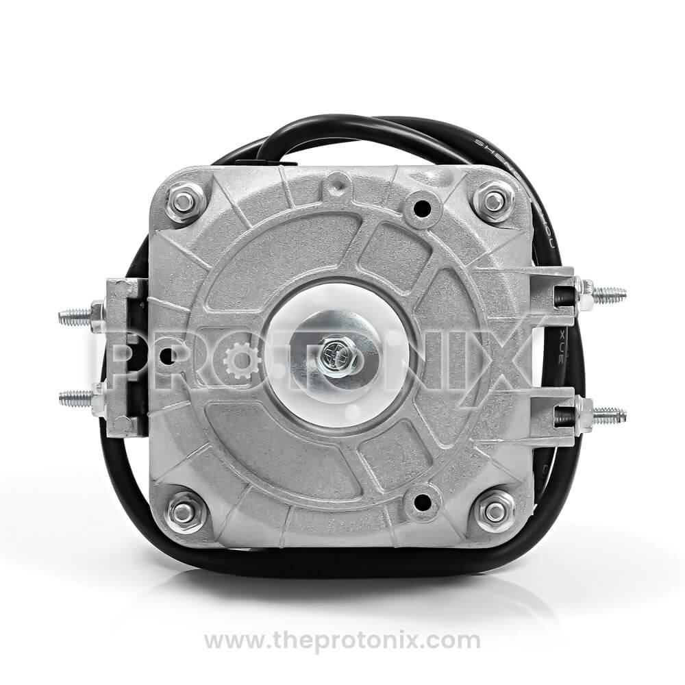 Front view of 5W fan motor for deep freezer with visible shaft and cable