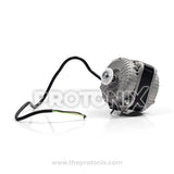 Side view of 16W fan motor for deep freezer showing shaft and protective housing