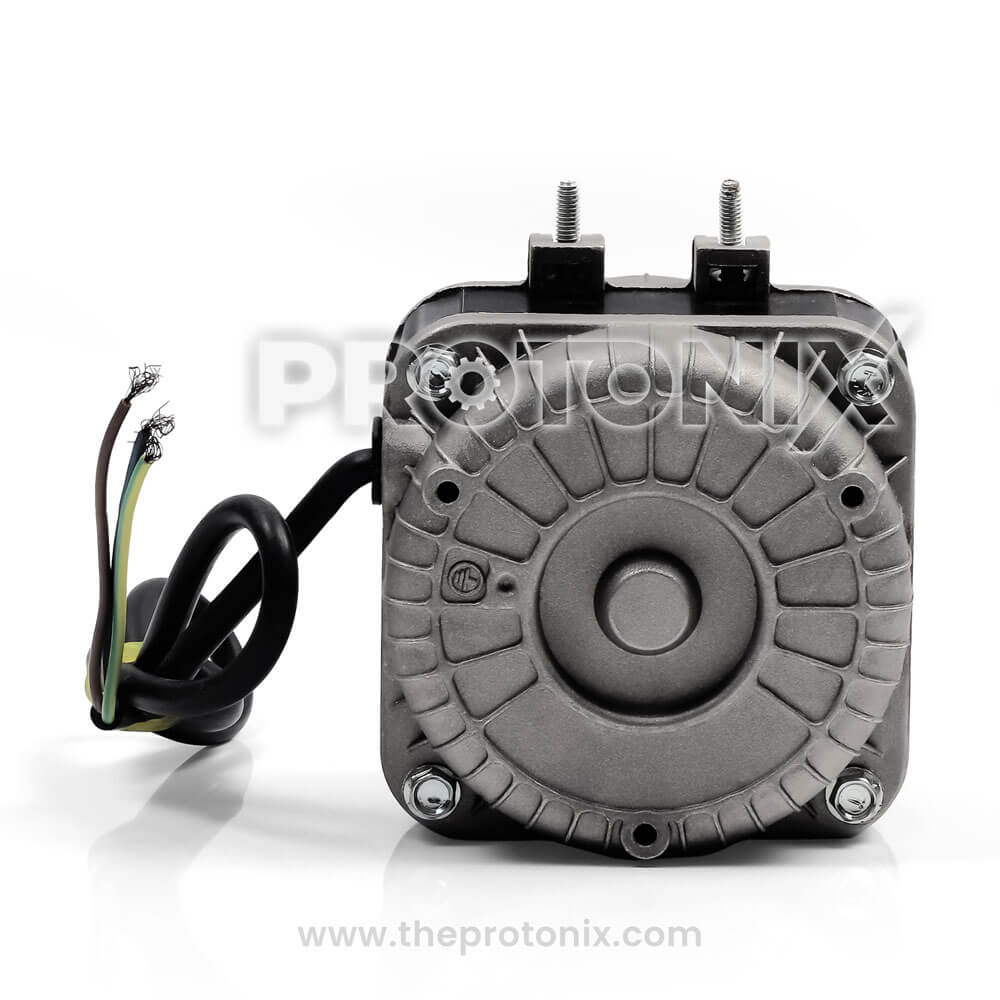 Front view of 16W fan motor for deep freezer with visible wires with copper ends
