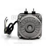 Front view of 16W fan motor for deep freezer with visible wires with copper ends