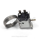 Thermostat for deep freezer with coiled sensing tube and metal housing