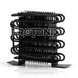 Side angle view of large condenser coil for deep freezer