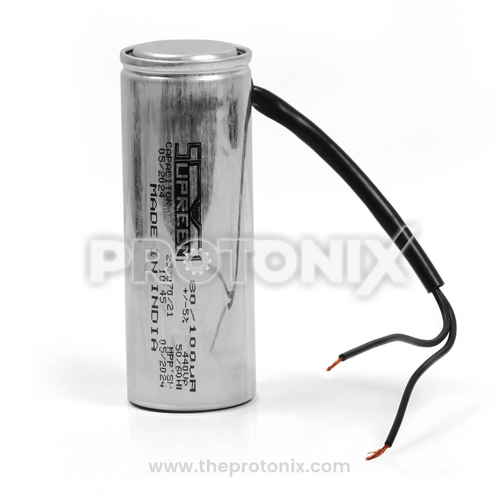 Front view of 80/100uF capacitor with black connecting wires for freezer