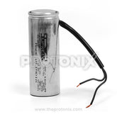 Front view of 80/100uF capacitor with black connecting wires for freezer