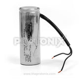Front view of 80/100uF capacitor with black connecting wires for freezer