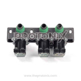 A Samsung top-load 3-way water inlet valve in gray color