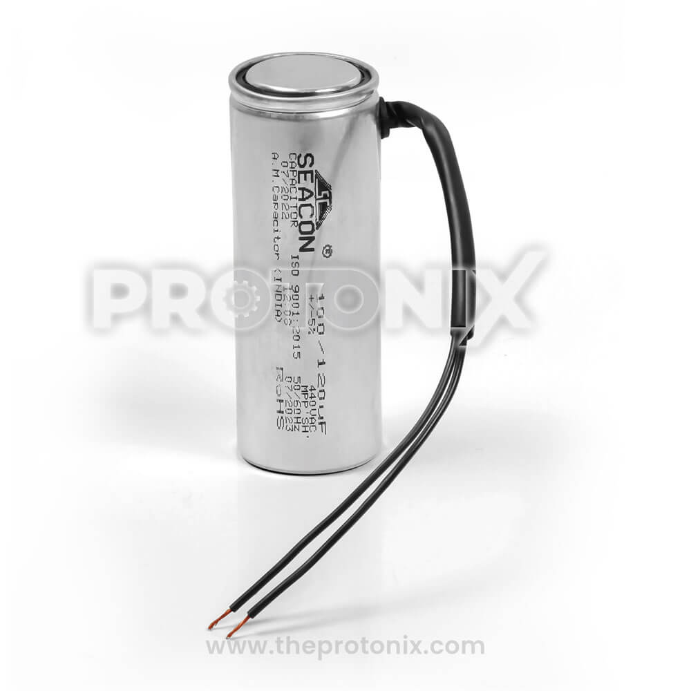 Front view of 100/120uF Capacitor for deep Freezer with wires