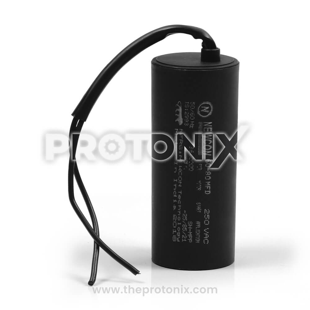 Front view of 60-80 MFD capacitor for deep freezer with wires - black color