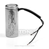 Front view of 40/60uF capacitor for deep freezer with wires and copper ends