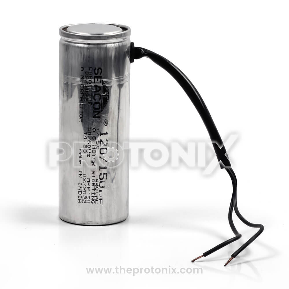 Front view of 120/150uF capacitor for deep freezer with wires and copper ends