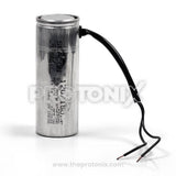 Front view of 120/150uF capacitor for deep freezer with wires and copper ends