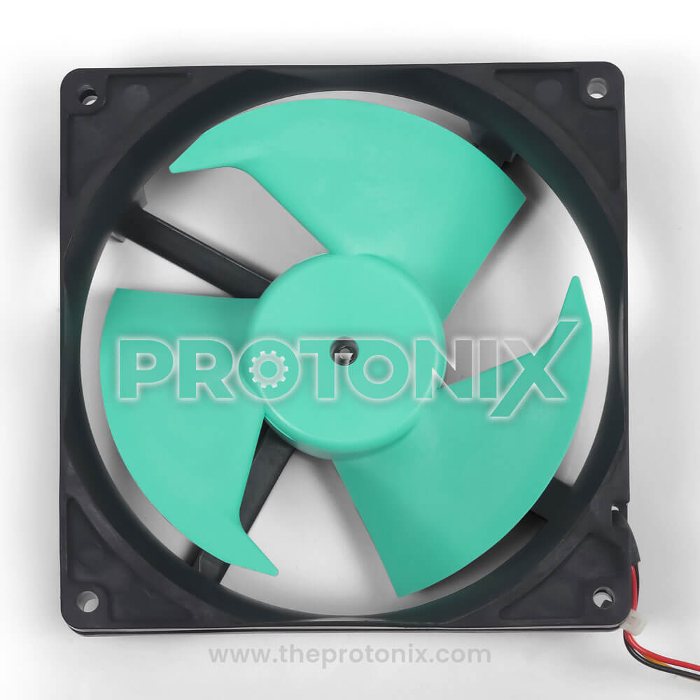 Front view of FBA12J12M 3-Wire DC fan motor for Haier refrigerator showing fan blades and wires