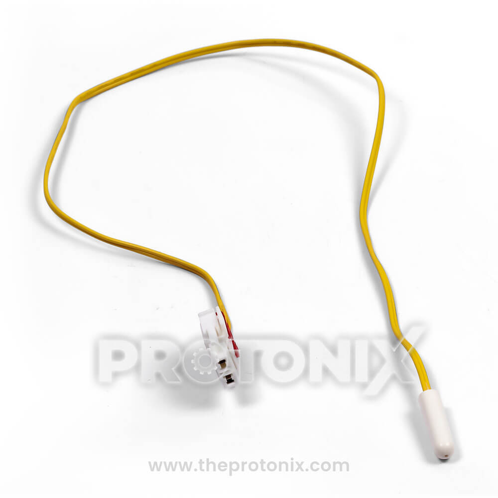 Front view of yellow-wire temperature sensor for Samsung refrigerator with sensor tip and wire
