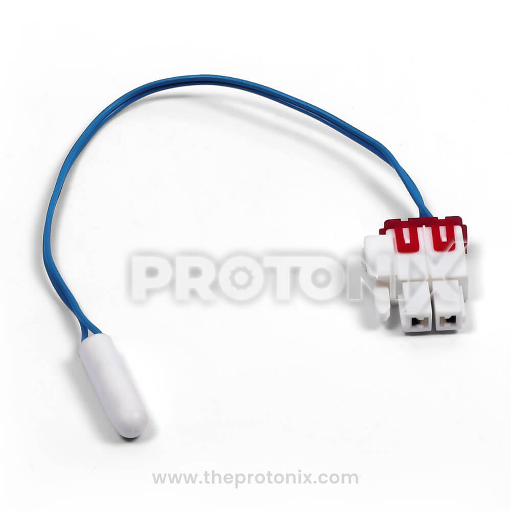 Front view of blue-wire temperature sensor for Samsung refrigerator showing sensor tip and connector
