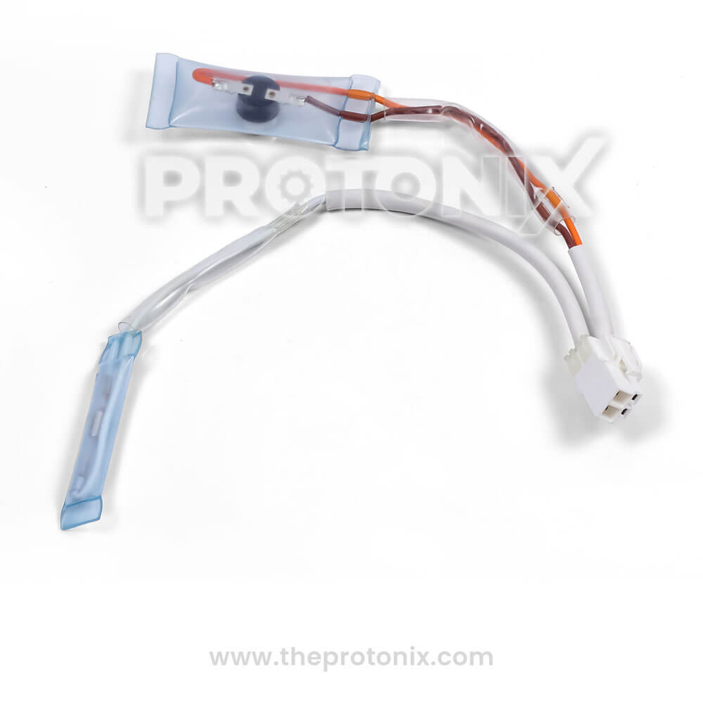 Front view of temperature sensor with bimetal fuse for Godrej refrigerator with protective cover and wires