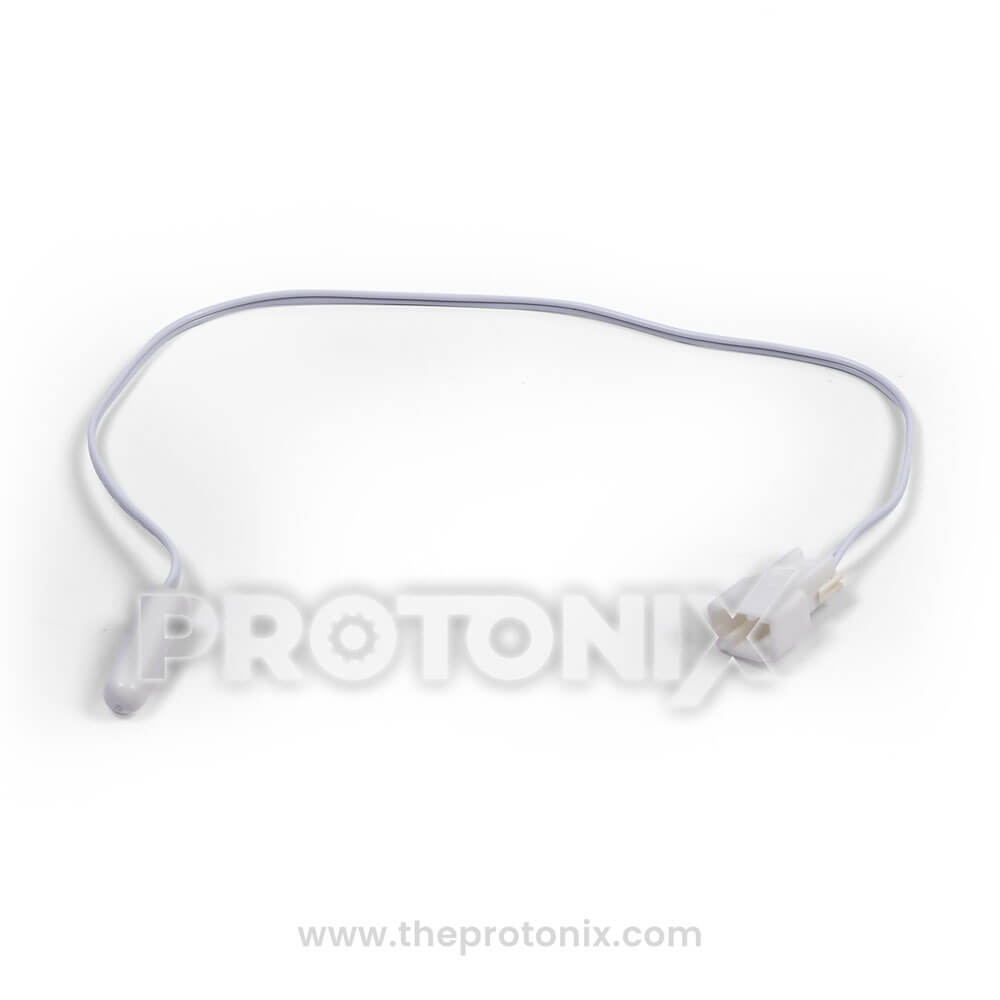 Front view of temperature sensor for Hitachi refrigerator with protective cover and wiring