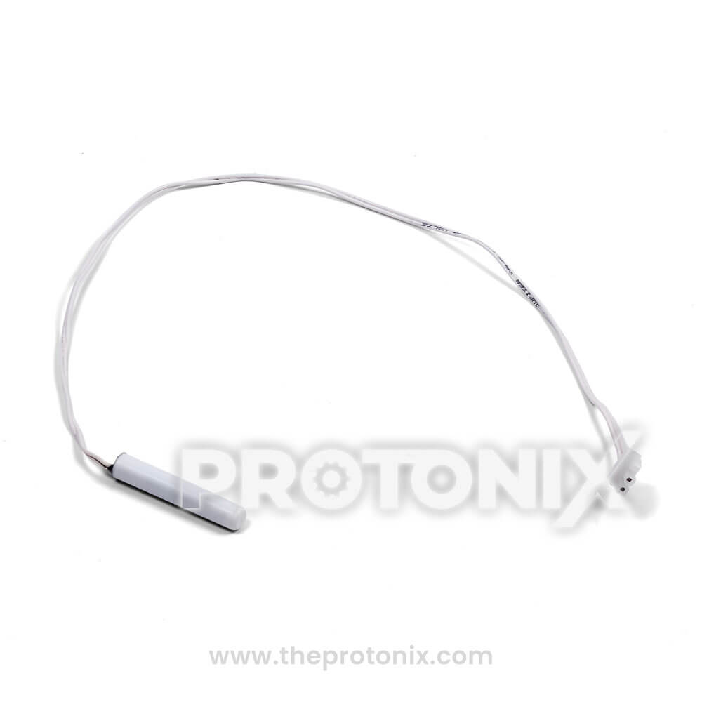 Front view of temperature sensor for Whirlpool refrigerator with white tip and connector