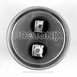 Top view of refrigerator capacitor 5uF 400VAC with dual terminals and aluminum casing