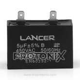 Front view of capacitor 5uF 450V AC with dual terminal pins for Samsung refrigerator