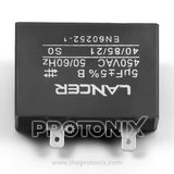 Close-up of 5uF 450VAC capacitor with compact design and easy electrical connections
