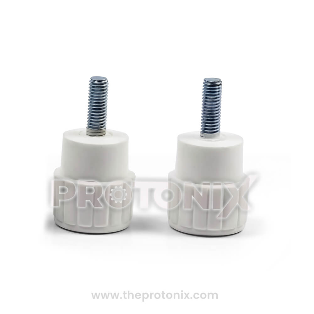 Front view of adjustable legs for refrigerator with screw threads and locking system-white